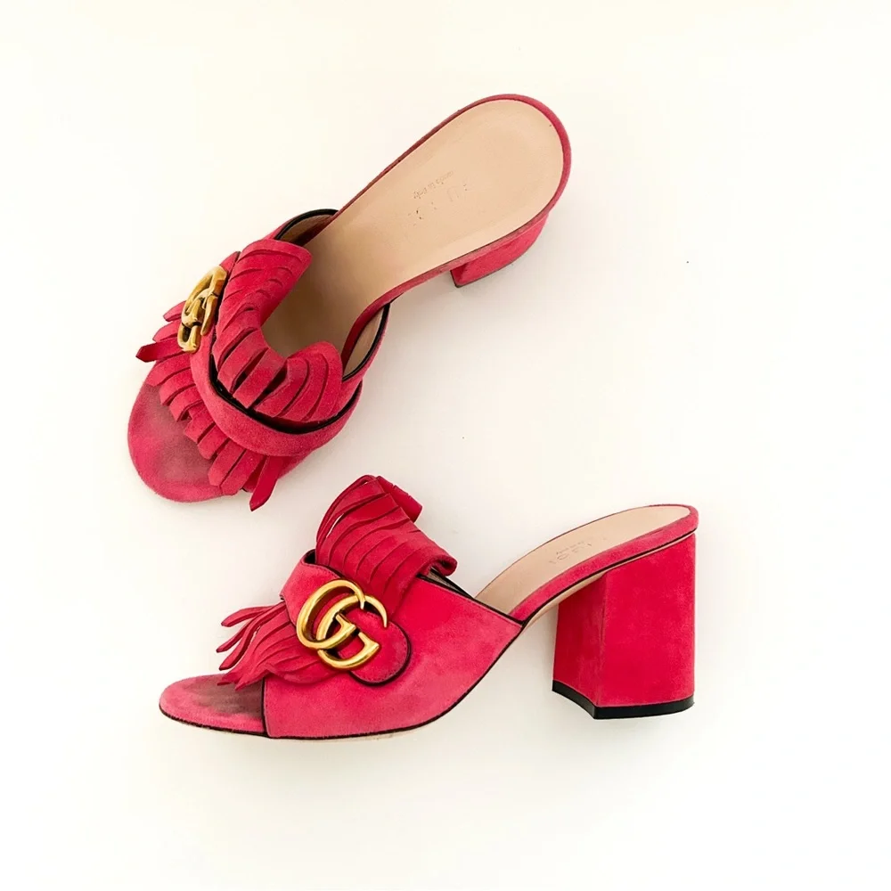 Gucci Marmont GG Logo Hot Pink Red Suede Fringed High Heeled Mules Slides 37.5 - Picture 2 of 12